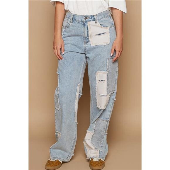 POL Contrast Patched Raw Hem Straight Jeans - Picture 1 of 3